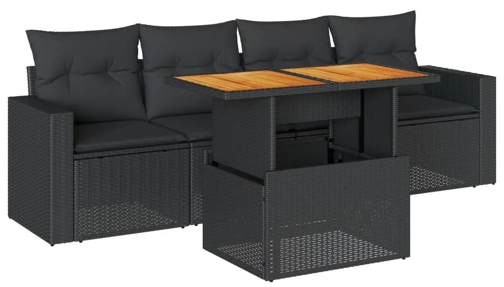 5 részes fekete polyrattan kerti kanapészett párnákkal