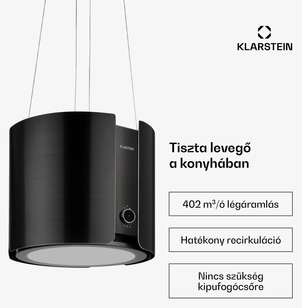Klarstein Skyfall, sziget páraelszívó, Ø 45 cm, légkeringetés, 402 m³/ó, LED, nemesacél, fekete