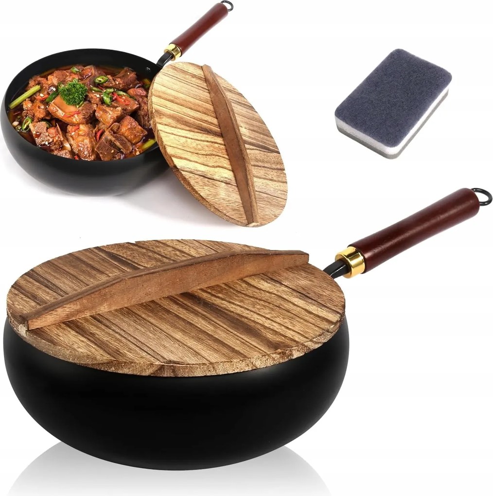 Japán Öntöttvas Serpenyő Fa Fedővel Vidéki Stílus 28 CM Indukciós