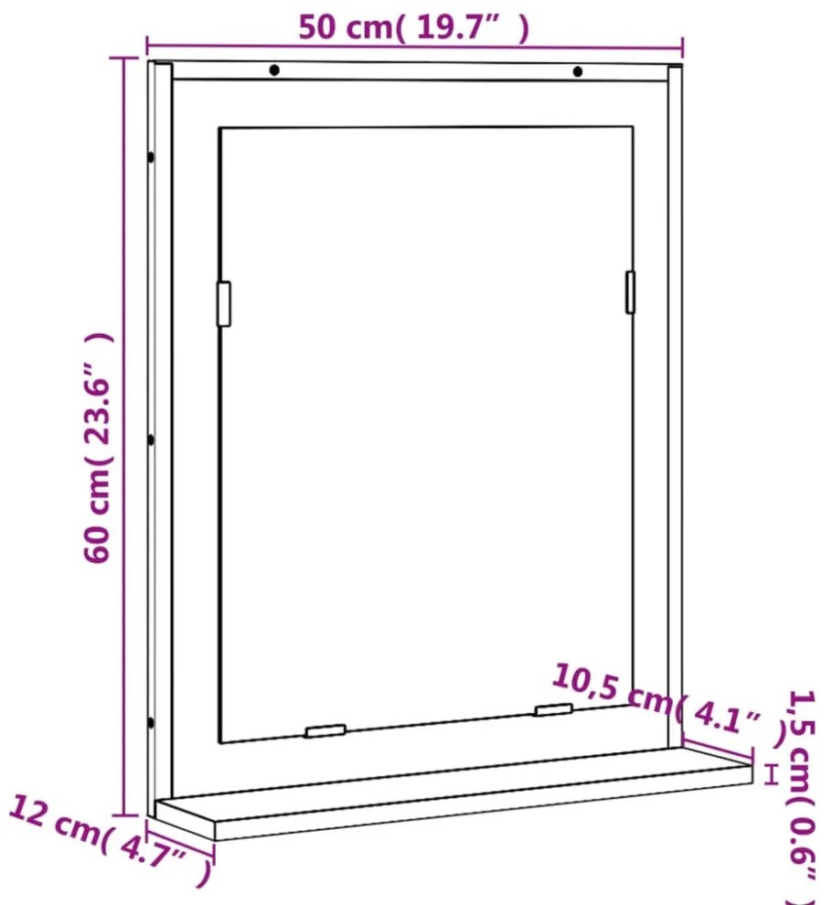barna tölgy szerelt fa fürdőszobai tükör polccal 50x12x60 cm