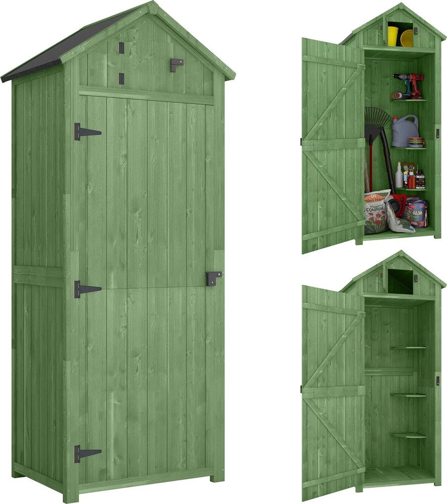 Outsunny Wooden Garden Storage Shed with 3 Removable Shelves, Lockable Door, Asphalt Gable Roof & Window – 77 x 54.2 x 179 cm (Green) | Aosom