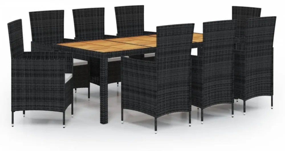 vidaXL 9 részes fekete polyrattan kültéri étkezőszett párnákkal