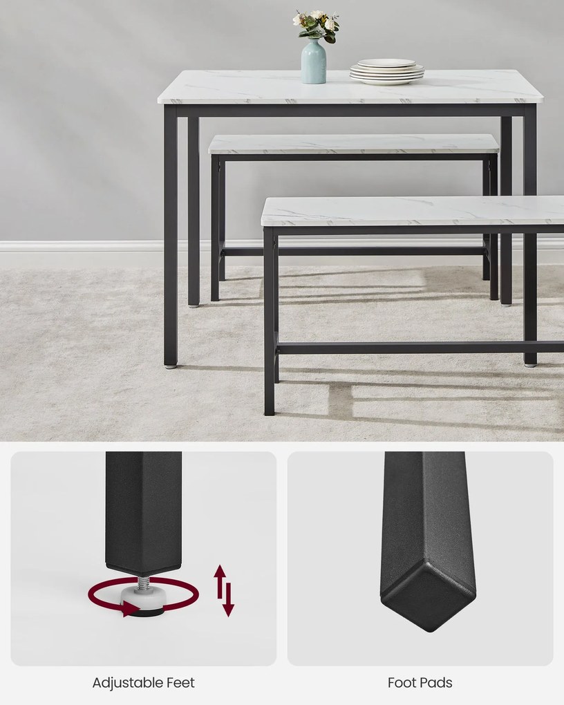 Étkezőasztal szett 4 fő részére, konyhaasztal 2 paddal, márványfehér és tintafekete színben