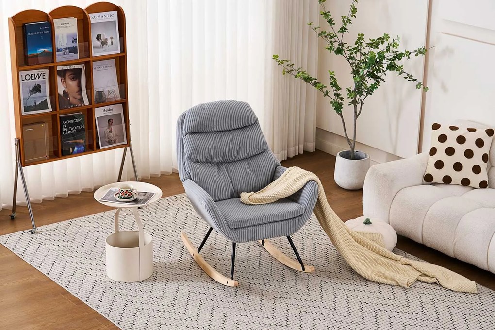 Hintaszék, relaxációs szék kordbársony kárpitozással, szürke