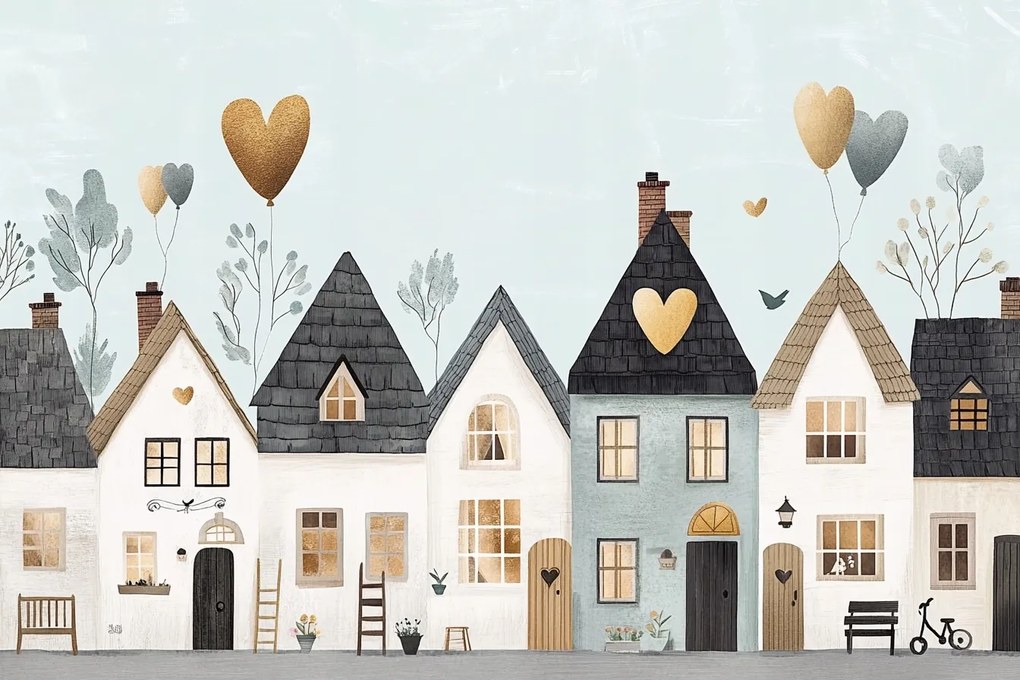 Fotótapéta Flizelina Gyerekek Város Házak Utca Szívecskék 416x254 ragasztó