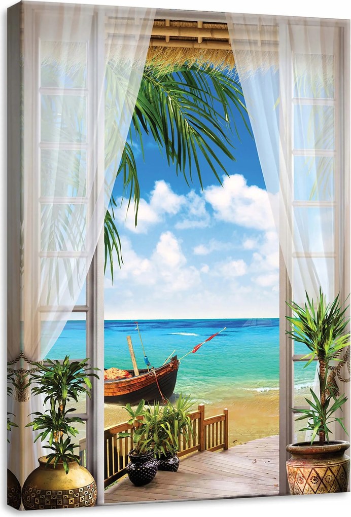 Vászonkép 50x70 Trópusi tengerpart kilátás az ablakból tenger ég hajó pálmafák nyár