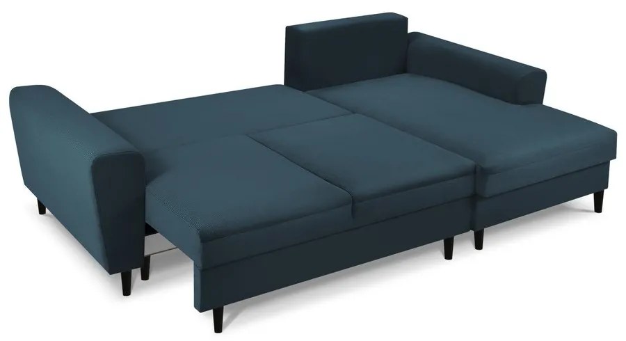 Sötétkék kordbársony kinyitható tárolóhelyes sarokkanapé (jobb oldali-heverő résszel) Kyoto – Cosmopolitan Design