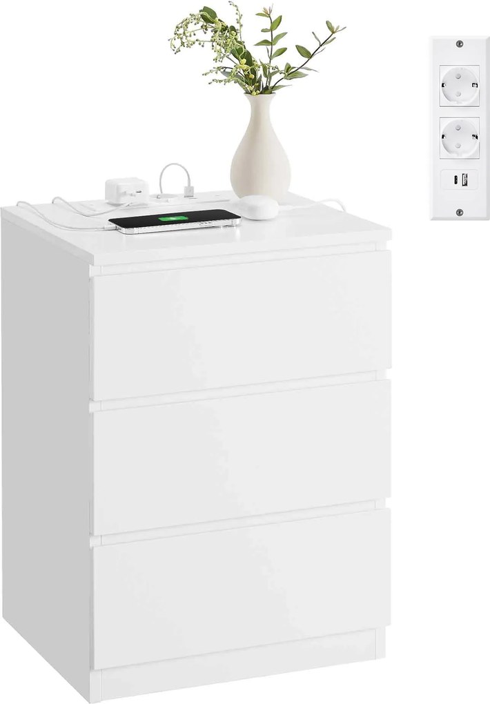 Éjjeliszekrény, oldalasztal 3 fiókkal, 2 ac aljzattal és 2 usb porttal, fehér