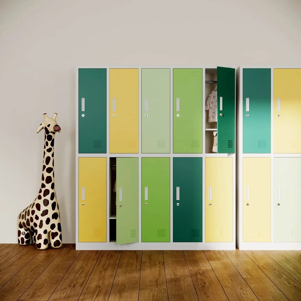 Fém szekrény, 10 rekeszes BARTUŚ, 1360 x 1500 x 450 mm, szürke-többszínű