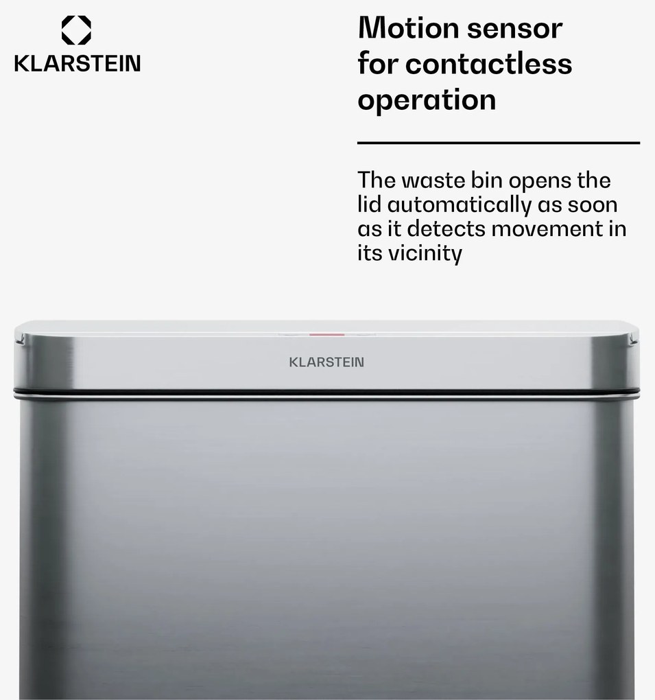 Klarstein Touchless, szenzoros szemétkosár, 60 l, rozsdamentes acélból, Soft-Close záródás, elemmel működő, LED kijelző, időzítő