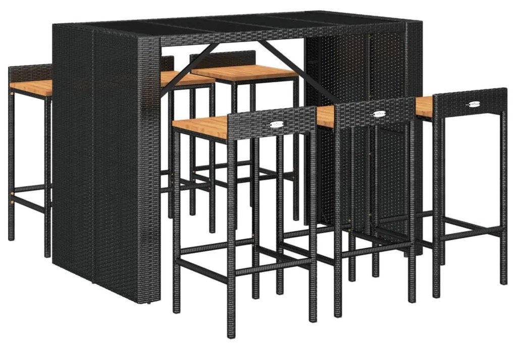 7 részes fekete polyrattan és tömör akácfa kerti bárszett