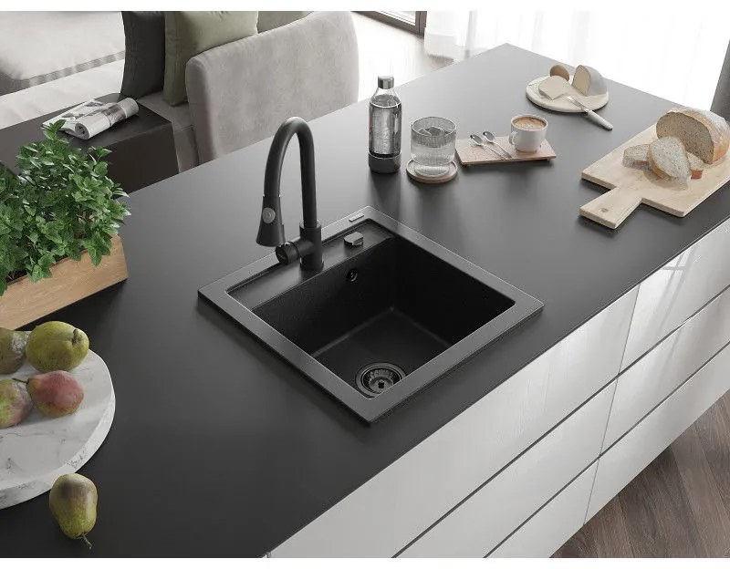 Mexen Vito, 1 kamrás gránit mosogató 490x520x210 mm és Elia mosogató csaptelep, fekete-ezüst metál, 6503-73-670101-70-B