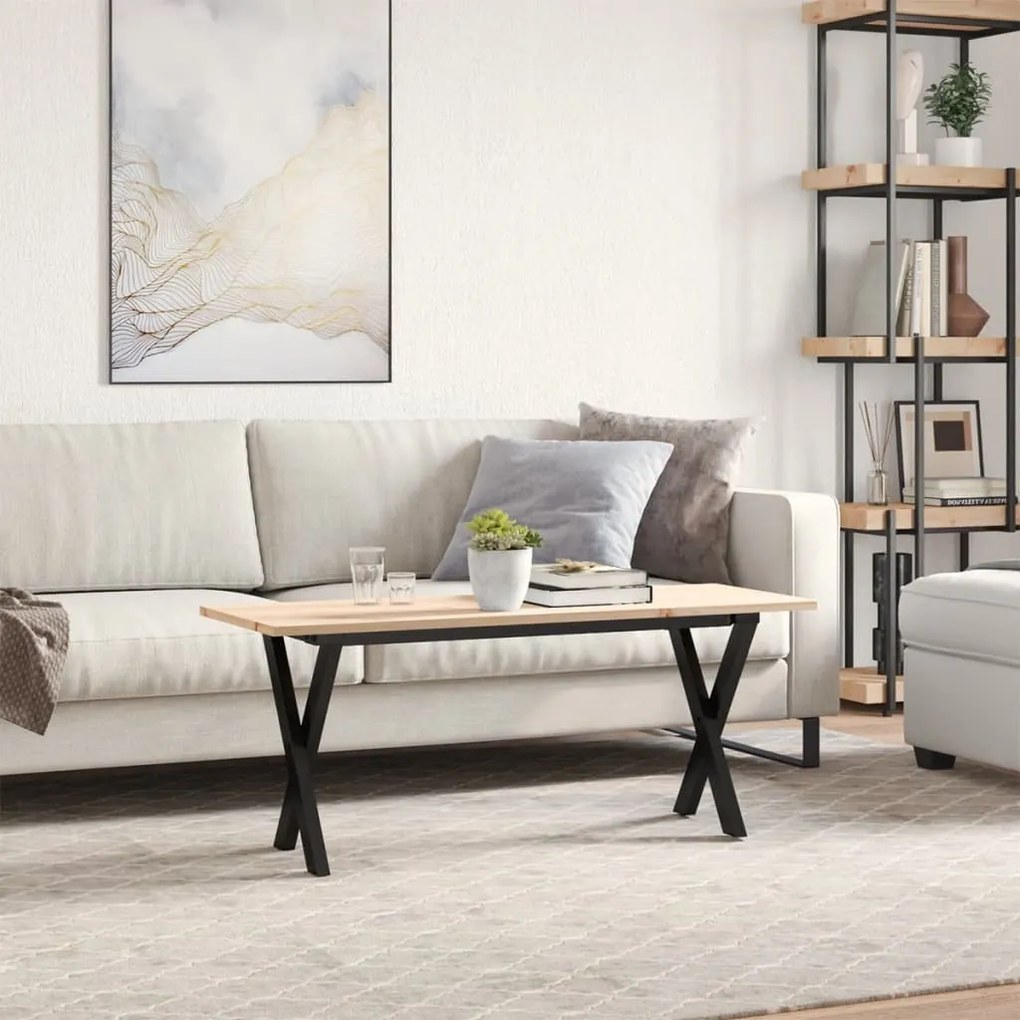 Tömör fenyőfa és acél dohányzóasztal X-vázzal 110x40x45 cm