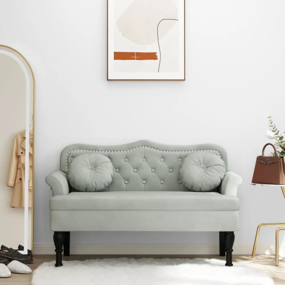 világosszürke bársony pad párnákkal 120,5 x 65 x 75 cm