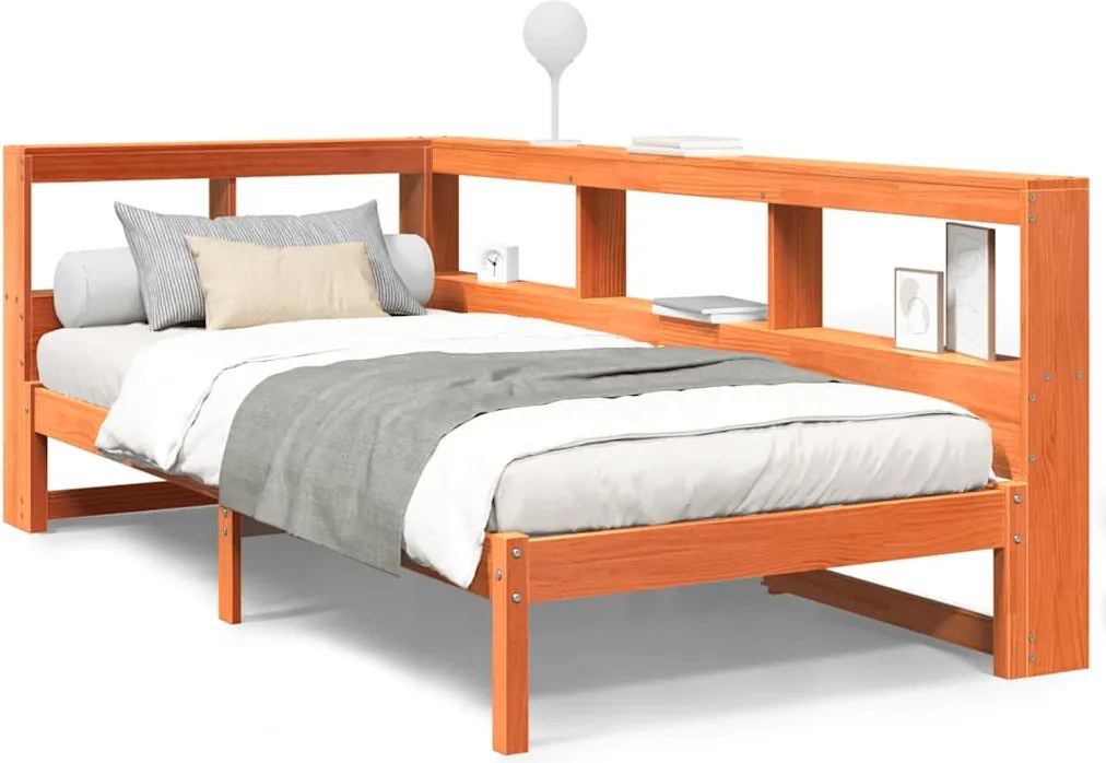 vidaXL barna tömör fenyőfa könyvespolcos ágy matrac nélkül 100 x 200cm