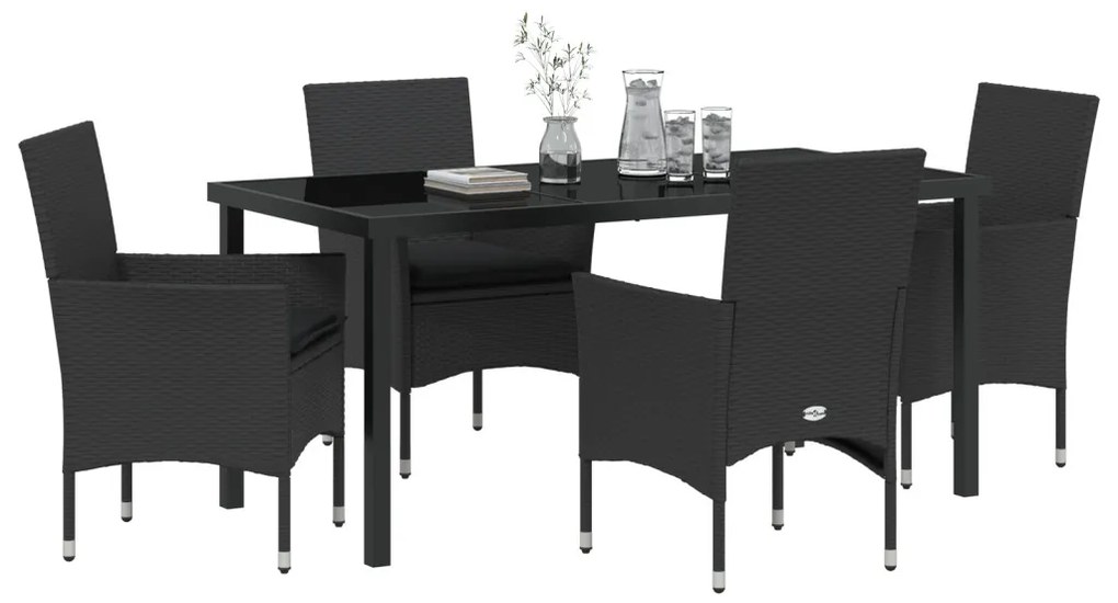 5 Részes Kerti Étkezőszett Párnákkal Fekete Poli Rattannal, Kerti Asztal Fekete 160x80x73 cm Edzett Üveggel