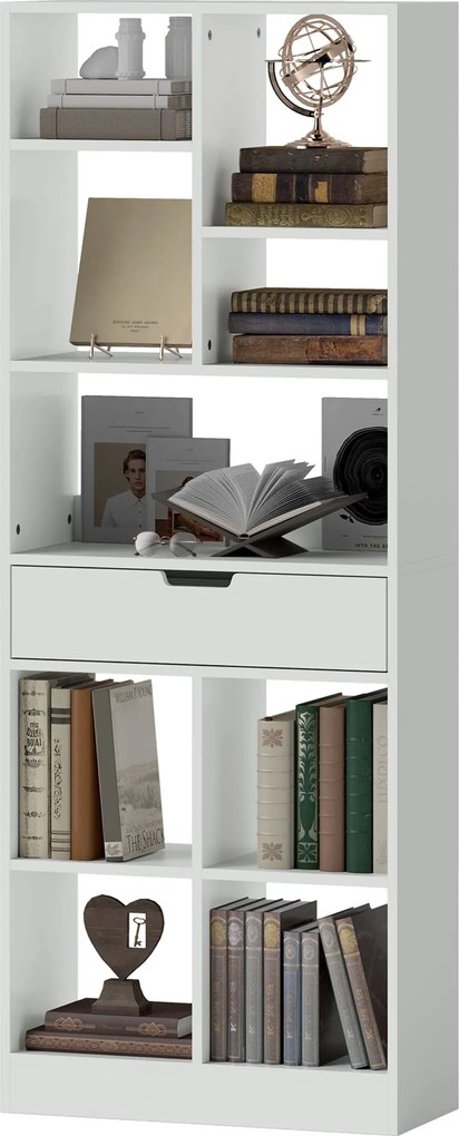 HOMCOM 9 rekeszes könyvespolc tároló egységgel és fiókkal, könyvszekrény a nappaliba, hálószobába, irodába, fehér | Aosom