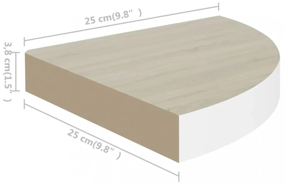 tölgyszínű és fehér MDF fali sarokpolc 25 x 25 x 3,8 cm
