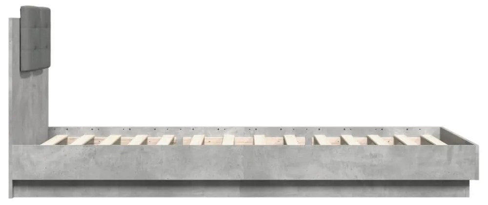 betonszürke ágykeret fejtámlával és LED-világítással 100x200 cm