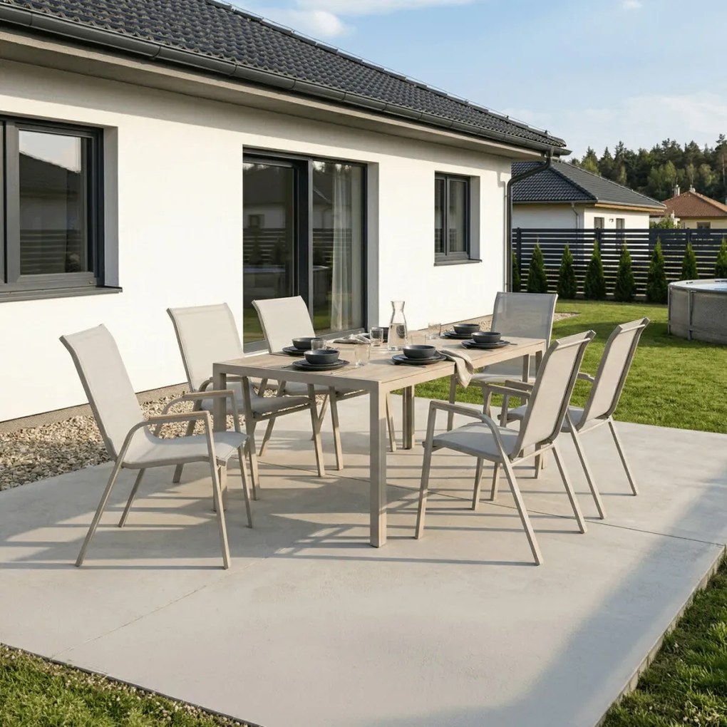 Kerti asztal 150x89 cm, fém, polywood, bézs, CRM