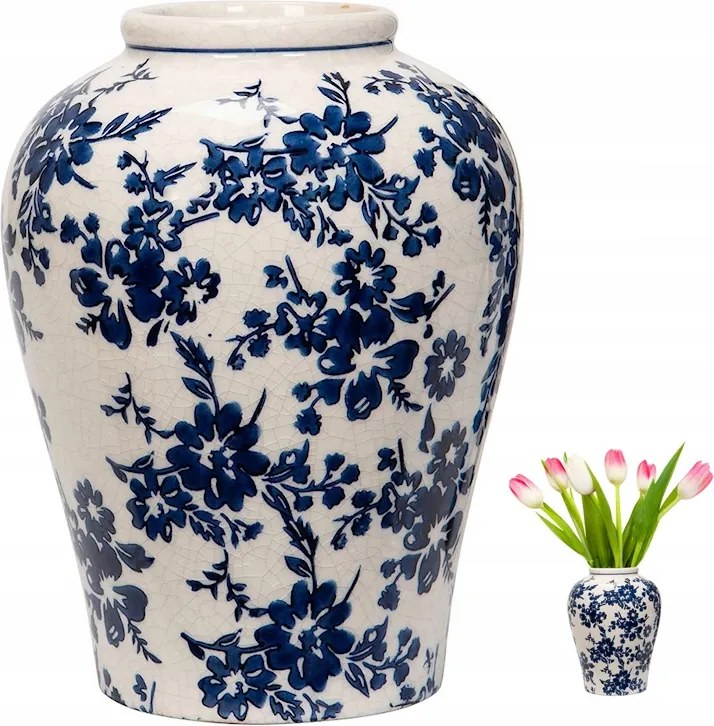 Váza Kerámia Kancsó 22cm Virágok Retro Fehér Rózsa Magas nappali