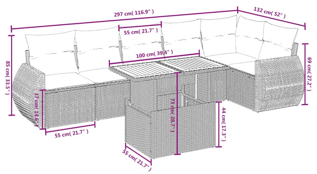 7 részes fekete polyrattan kerti ülőgarnitúra párnával