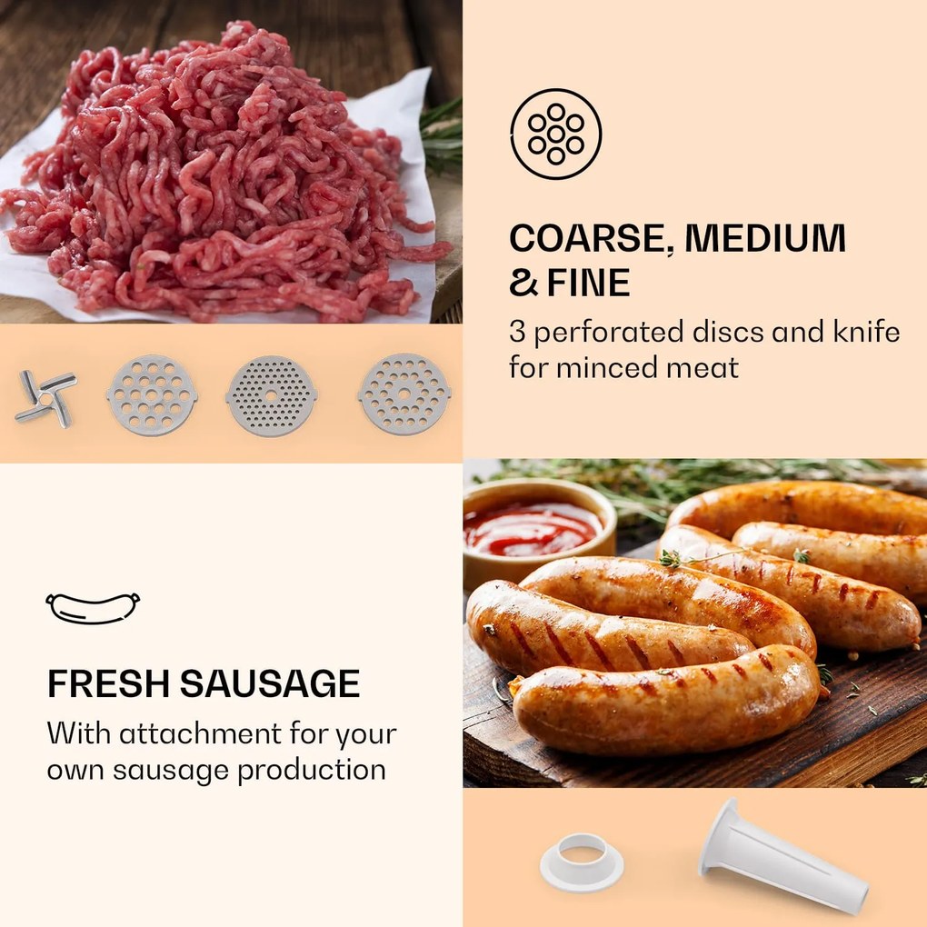 Klarstein Mighty Mince 500, elektromos húsdaráló, 1361 W, 3 perforált acéltárcsával