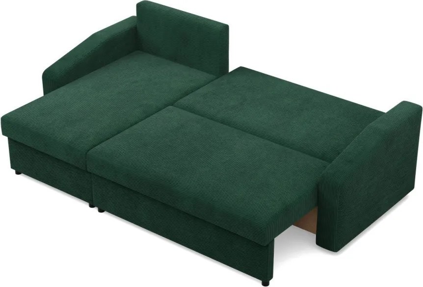 Zeus sarokkanapé, 2 ágyneműtartóval, döntött kartámasz, kordbársony, univerzális oldal, hab töltet, zöld