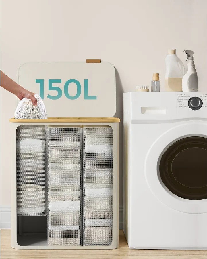 Szennyestartó Oxford szövet, 150L, kivehető hálós zsák, bambusz fogantyú krémfehér