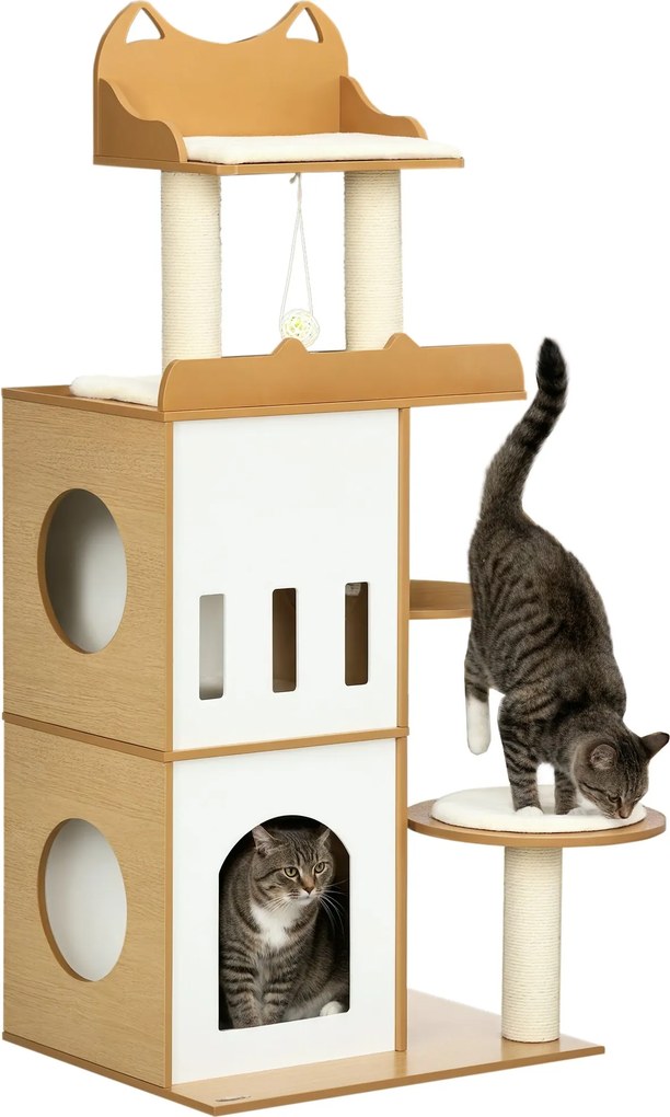 PawHut Macska Kaparófája 133 cm Macska Torony Kaparóoszlop Bújókkal, Platformokkal, Függő Labdával és Zsineges Oszlopokkal 60x48x133 cm Tölgy | Aosom