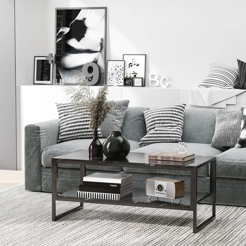HOMCOM Modern Stílusú Kávézóasztal 2 Polccal 106 x 50 x 47 cm Fekete | Aosom