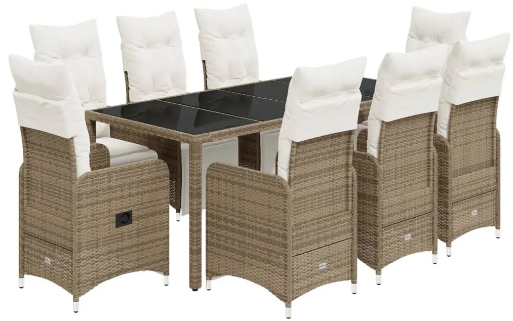 9 részes barna polyrattan kerti bisztrógarnitúra párnákkal
