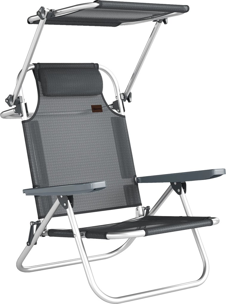 Outsunny összecsukható napozóágy fej- és nyaktámasszal, állítható napellenzővel, 6 fokozatú háttámla, kemping-/kerti szék, 120 kg teherbírás – sötétsz