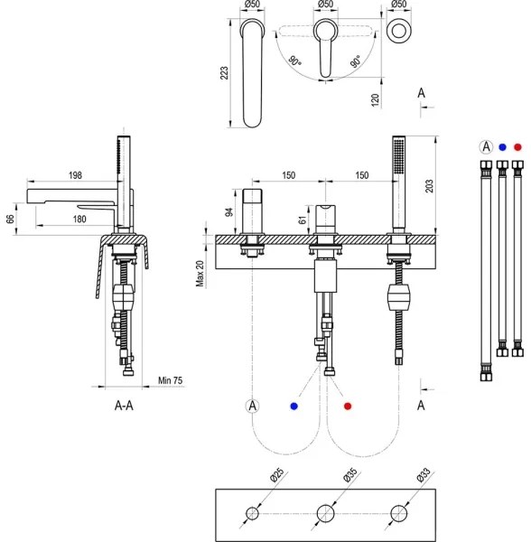 Ravak X070186 - PURI 3-lyukú kádcsaptelep, fekete