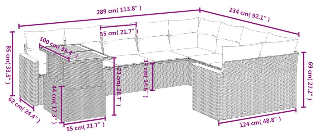 10 részes bézs polyrattan kerti ülőgarnitúra párnával