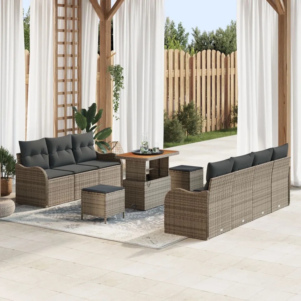 10 darabos kertibútor szett párnákkal Szürke Poli Rattan Akác, 2 személyes kertibútor tárolóval és párnákkal Szürke Poli Rattan, 3 darabos kertivacsora szett párnákkal Szürke Poli Rattan Akác