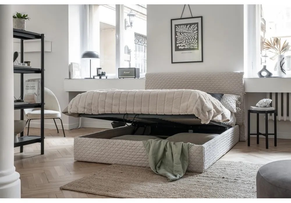 Bézs kárpitozott franciaágy tárolóhellyel ágyráccsal, 140x200 cm Sleepy Luna – Miuform