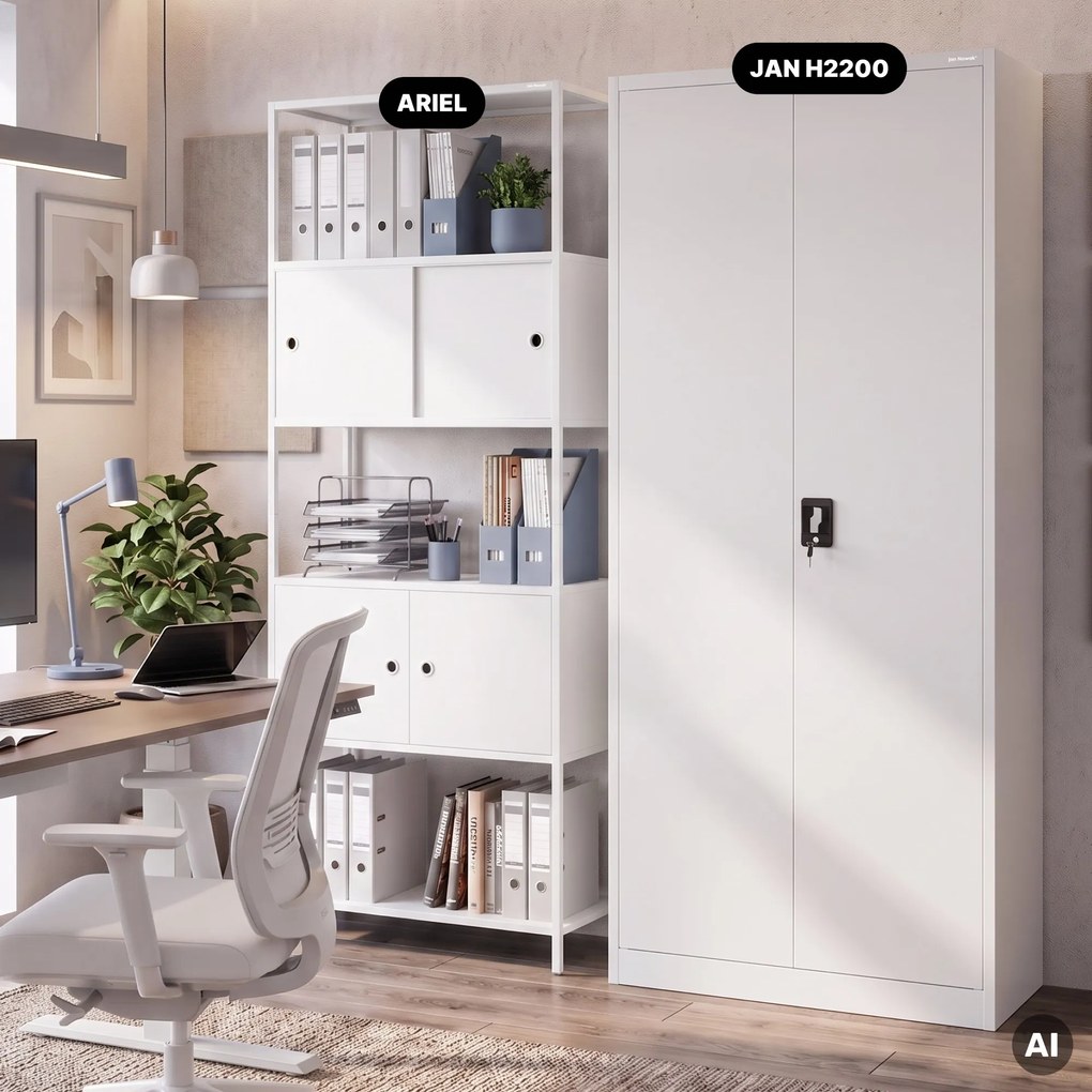Iratrendező polc zárható szekrénnyel, irodai, nyitott polcok, fém fehér, 800x2200x400 mm: ARIEL
