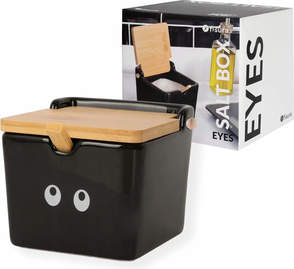 Nagy kerámia sótartó fa fedéllel és kanállal 680ml