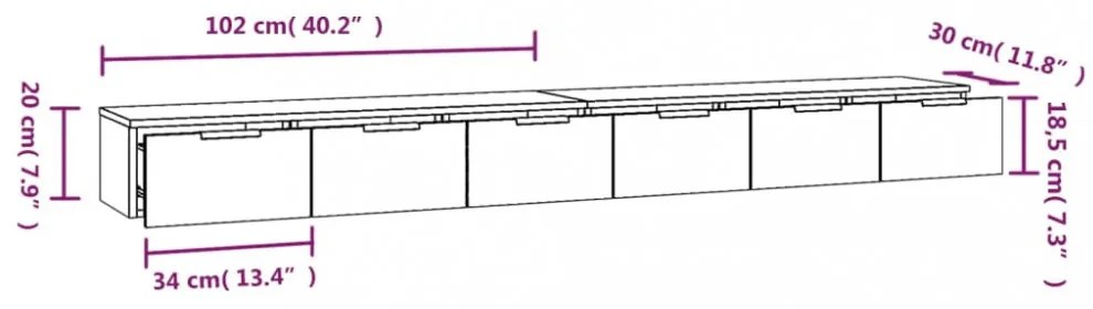 2 db barna tölgy színű szerelt fa faliszekrény 102 x 30 x 20 cm