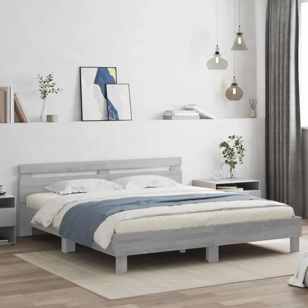 szürke sonoma színű ágykeret fejtámlával és LED-del 200x200 cm