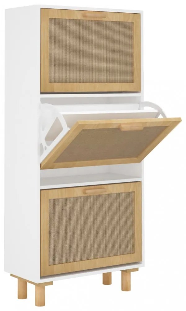 fehér szerelt fa és természetes rattan cipőszekrény 52x25x115cm