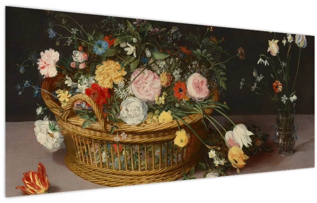 Kép - Jan Brueghel the Elder, Flowers in a Basket and a Vase, reprodukciók (120x50 cm)