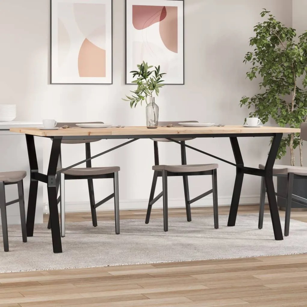 Tömör fenyőfa és acél étkezőasztal Y-vázzal 180x90x75,5 cm