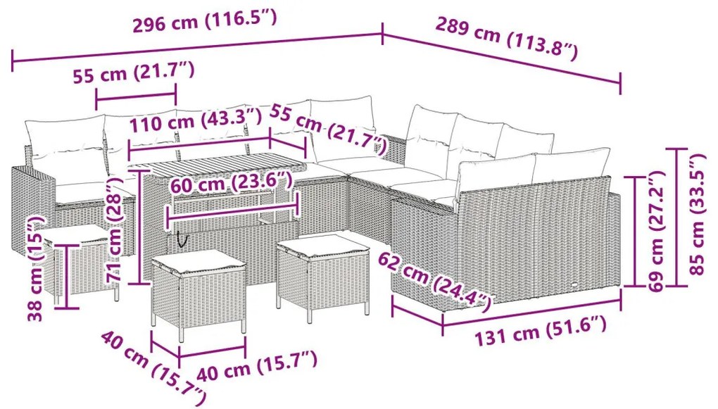 14 db-os kerti kanapé szett párnákkal bézs poli rattan akáccal, 4 db-os kerti étkező szett párnákkal bézs poli rattan akáccal