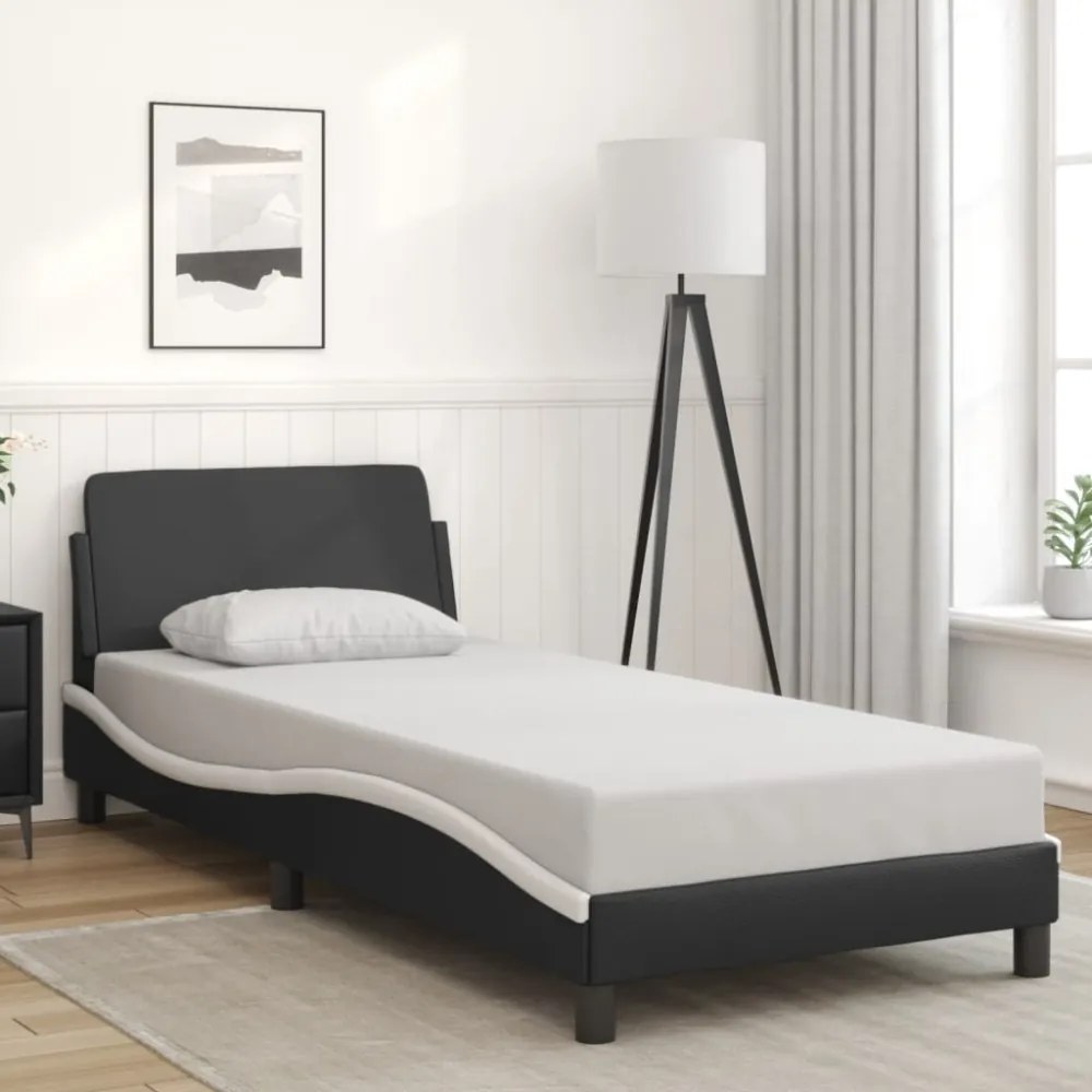 fekete és fehér műbőr ágykeret fejtámlával 90 x 200 cm