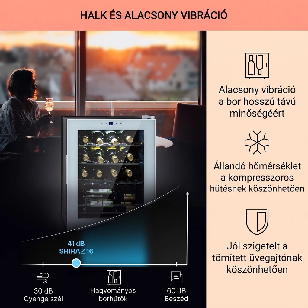Klarstein Shiraz 16 Quartz, borhűtő, 42 liter, 160 W, 5 - 18 °C, érintőképernyős vezérlőpanel