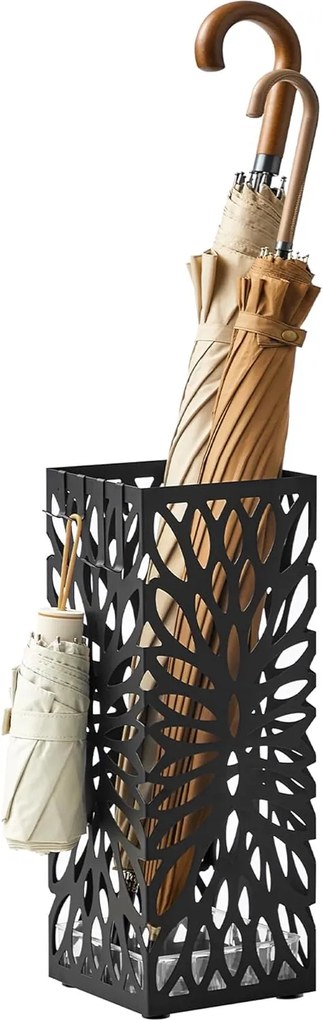 Esernyőtartó, szabadon álló esernyőtároló állvány, levehető csepegtetőtálcával, 4 akasztóval, fekete