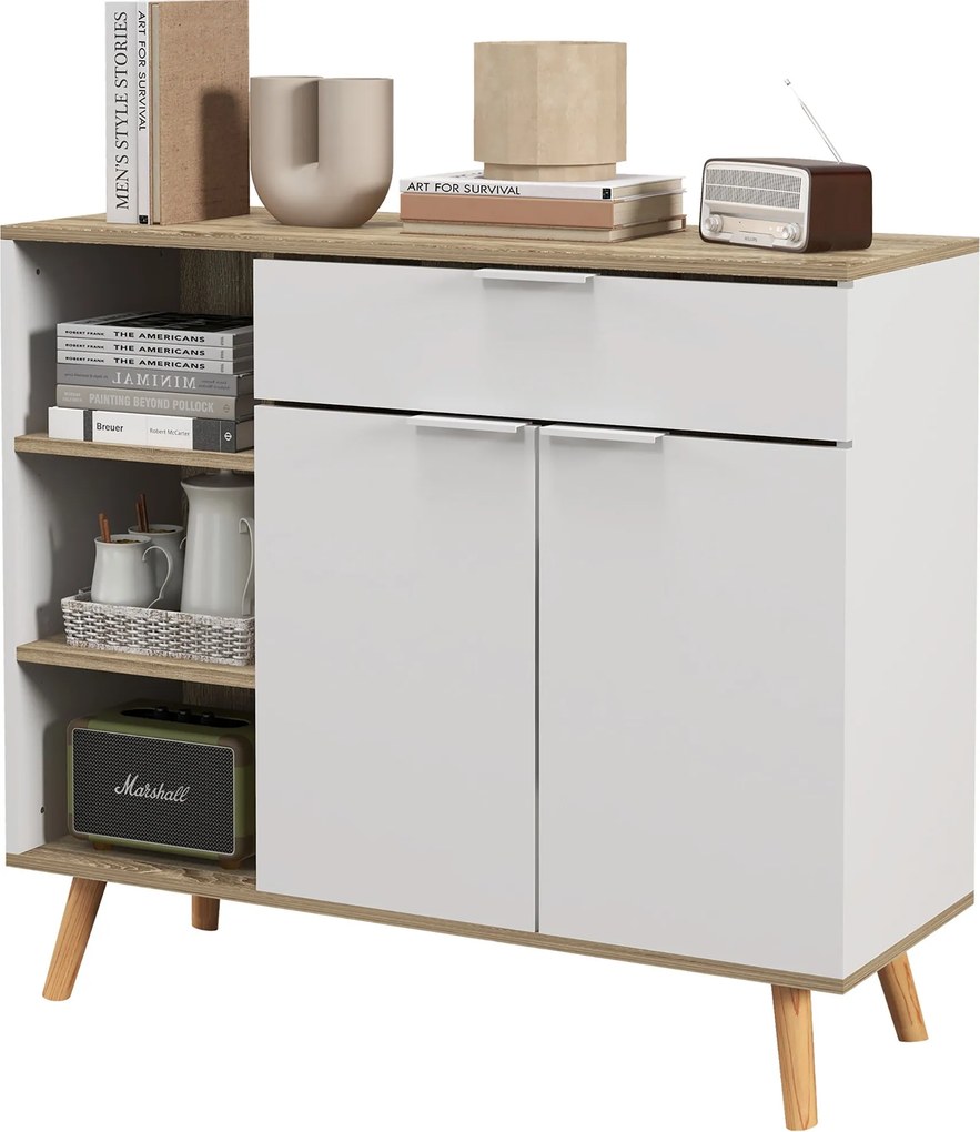HOMCOM Modern Nappali Oldaltároló Konyhai Komód 1 Fiókkal, 2 Puha Záródású Ajtóval és Állítható Polcokkal 95x35x85 cm Fehér és Natúr | Aosom