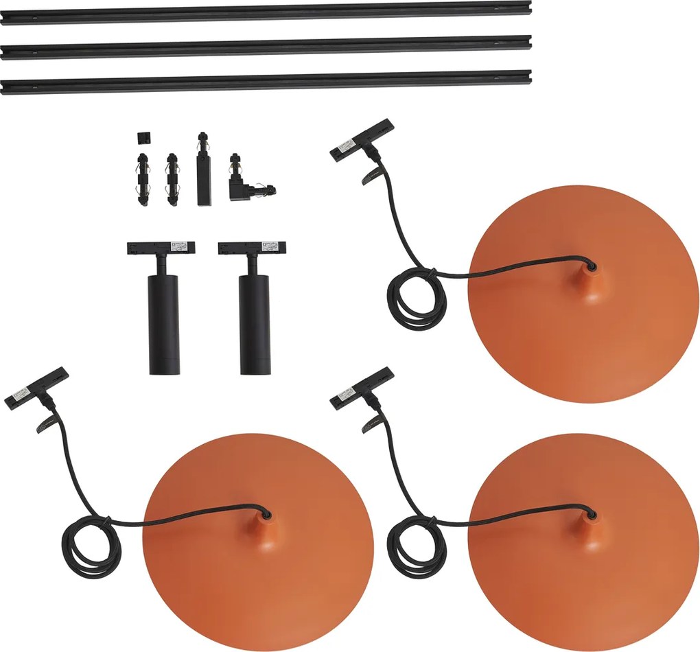 Modern fekete sínrendszer 2 spotlámpával és 3 narancssárga függőlámpával, 1 fázisú - Slimline Uzzy Panzi